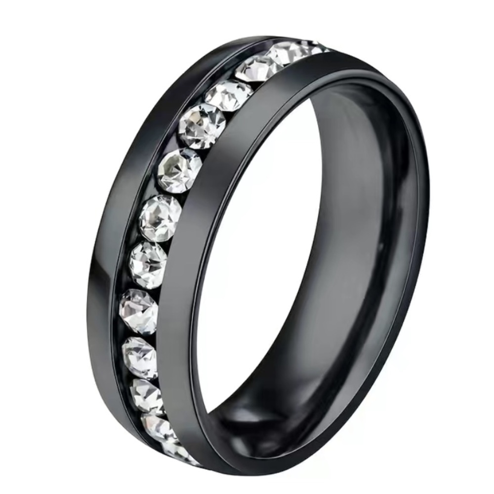 Black Stainless Steel Crystal Band Ring – Minimalist Rhinestone Inlay Ring